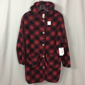Jessica Simpson Sherpa Long Cardigan Robe Buffalo Plaid Hooded Red Cozy Chic S